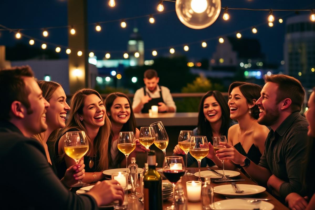 Friends enjoying a dinner party in Austin with a bartender serving drinks